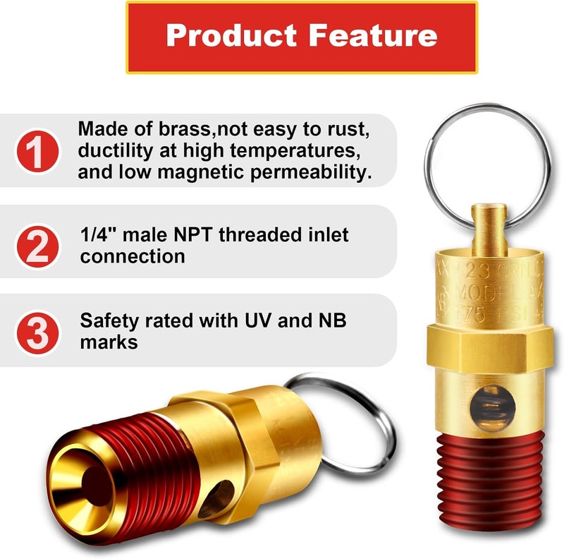 TOPGO 2 Pieces 1/4'' Male 175 PSI NPT Air Compressor Pressure Relief Valve Brass Safety Valve Air Compressor Check Valve - Image 4